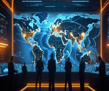Strategic military command center with illuminated world map showing Middle East region, silhouettes of officials in foreground, dramatic blue and amber lighting conveying serious geopolitical decision-making