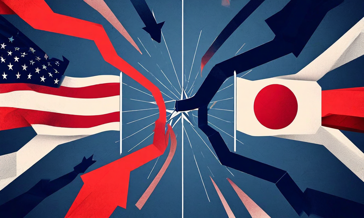 米国と同盟国(NATO、日本)の関係が分岐する様子を抽象的に表現した画像。中央から米国の象徴が複数の方向に分かれ、それぞれNATOと日本の象徴が対立する方向に向かっている。幾何学的な形状と流線を使用して、負担共有から一国主義への政策転換と同盟の亀裂を視覚化している。