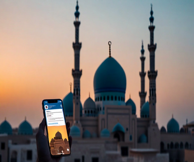 A smartphone displaying a social media interface in the foreground with Middle Eastern architectural silhouettes including domes and minarets visible in the soft-focused background, representing the intersection of digital communication and geopolitical news