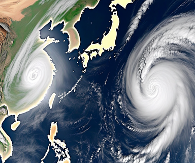 Aerial view of two typhoon systems approaching Japan simultaneously, with spiral cloud formations visible over the ocean near the Japanese islands, illustrating the dual-typhoon weather threat to Kanto and western Japan regions