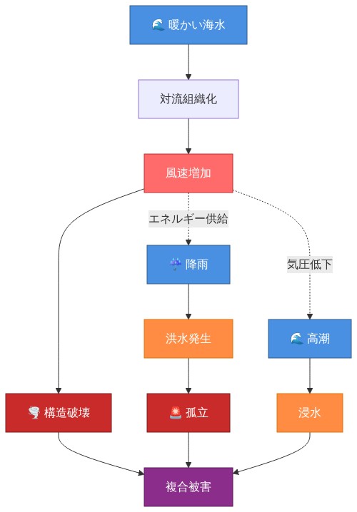 台風による複合災害の因果関係を示すシステム図。暖かい海水が対流を組織化させ、風速が増加して構造破壊をもたらす。同時に降雨が洪水と孤立を引き起こし、高潮が浸水をもたらす。これら3つの被害プロセス（構造破壊、孤立、浸水）が複合被害に収束する。風速増加はエネルギー供給と気圧低下を通じて降雨と高潮を促進する。