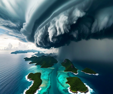 Aerial view of a powerful typhoon system with swirling dark clouds approaching over turbulent ocean waters, illustrating the intensity of Typhoon 9 approaching the Sakishima Islands