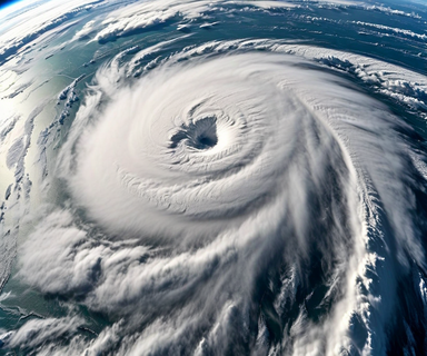 Aerial satellite view of a large tropical cyclone with spiral cloud bands and defined eye approaching coastal waters, showing the extensive wind field and concentrated storm core