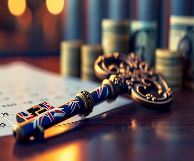 A symbolic key with British flag design elements positioned next to a calendar and British currency, representing new UK political donation residency requirements and regulatory restrictions