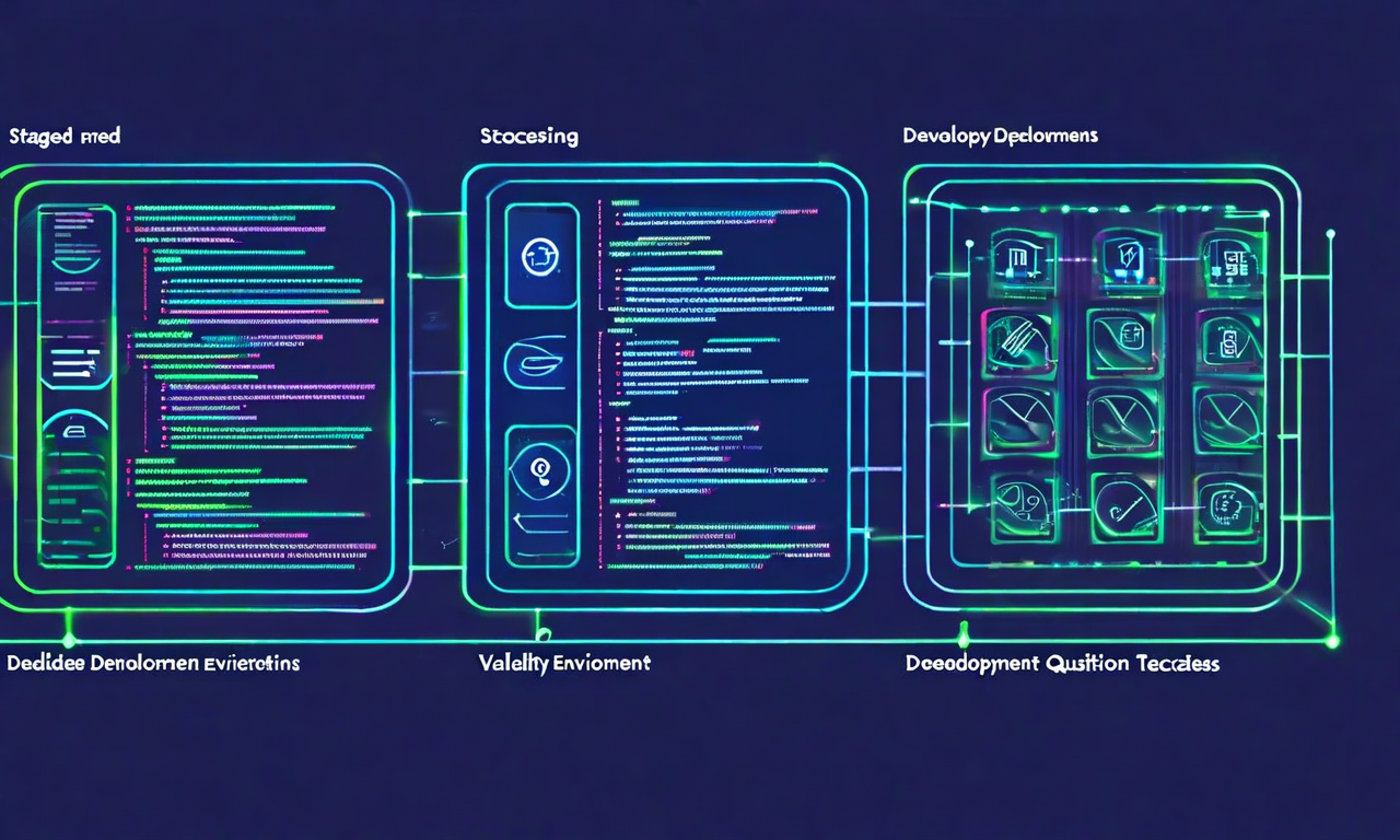段階的デプロイメント戦略を表現した図。左から右へ、開発環境、ステージング環境、本番環境の3つのステージが段階的に拡大して表示されている。各ステージには検証ポイントがチェックマークで示され、環境間を矢印が接続している。青と緑の配色で進行と成功を表現。