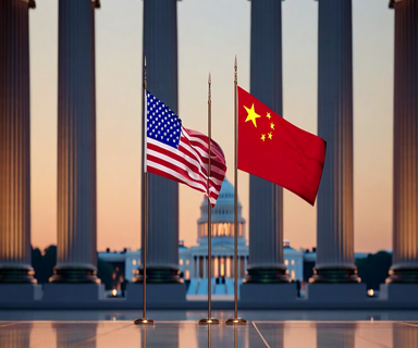 American and Chinese flags displayed side by side representing the U.S.-China presidential summit, with architectural elements from both nations subtly visible in the background