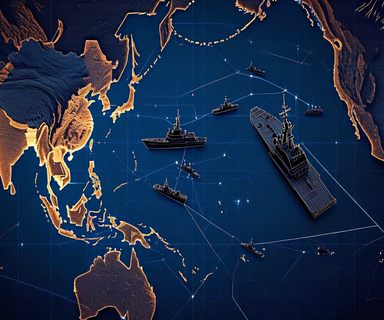Strategic map of the Indian Ocean showing abstract naval positions and military operational zones with analytical overlay elements in professional blue and gray tones
