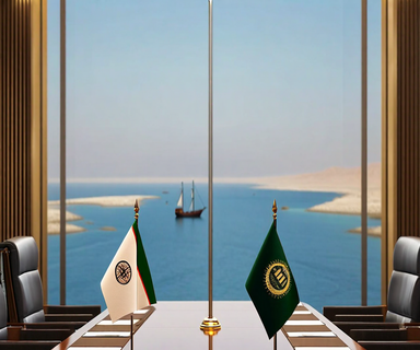 Diplomatic negotiation scene depicting U.S.-Iran talks with the Strait of Hormuz waterway and Pakistan's location as mediator venue, symbolizing high-stakes bilateral engagement over maritime access and regional security