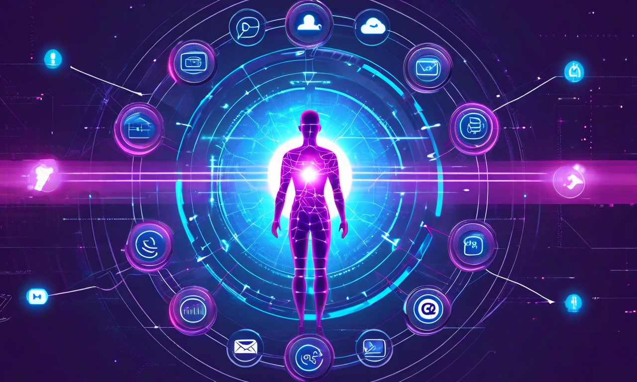 個人の意図と目標を中心に配置し、その周囲に複数のプラットフォームやツールアイコンが軌道状に配置されている図。左側は受動的な消費を示す受信矢印、右側は能動的なキュレーションを示す制御矢印で表現されており、統合されたデータフローと一元的なガバナンスを視覚化している。