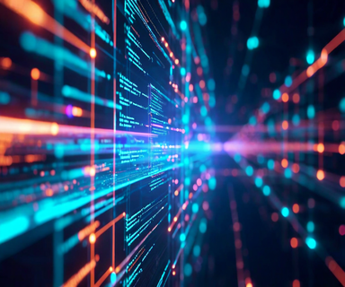 Futuristic visualization of an AI-powered code execution environment showing glowing sandbox containers with flowing code streams and rapid iteration cycles in blue and cyan tones