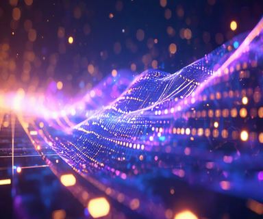Abstract visualization of AI video generation technology showing streams of light and data particles transforming into video frames against a futuristic blue and purple gradient background with neural network patterns
