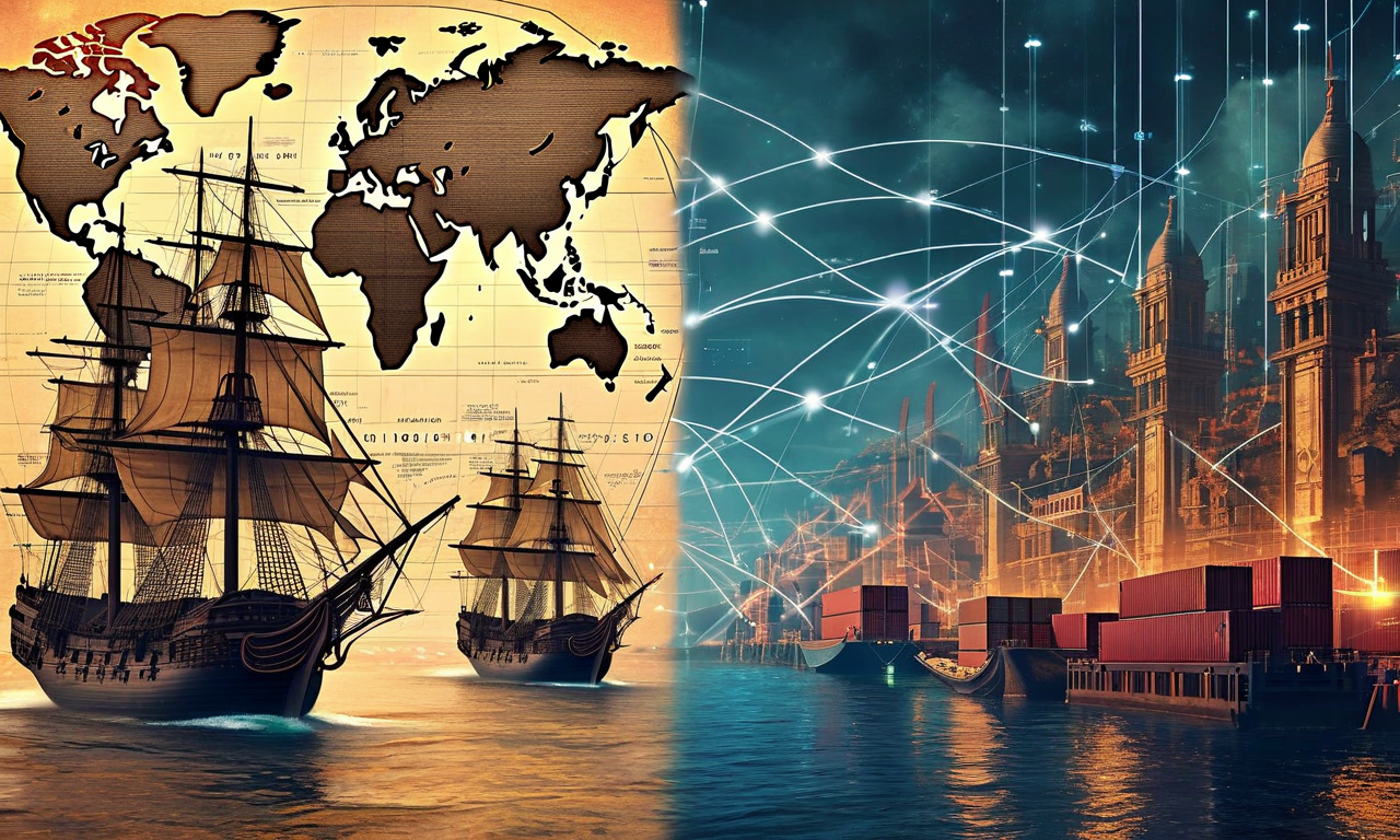 中世の海上交易と現代経済の継続性を表現した画像。左側に帆船、歴史的な交易路、香辛料市場が描かれ、右側にはデジタルネットワーク、コンテナ船、グローバルサプライチェーンが示されている。中央には過去と現在を結ぶ光の線が流れており、商業システムの知見継承を視覚化している。