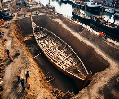 Aerial view of a large medieval cog ship hull being excavated in Copenhagen harbor, showing the well-preserved wooden clinker-built structure with archaeological workers for scale