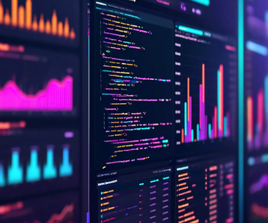 Split-screen illustration showing a code editor on the left with colorful syntax highlighting connected to a metrics dashboard on the right displaying token usage statistics and bar charts, representing real-time visibility into AI coding assistant consumption