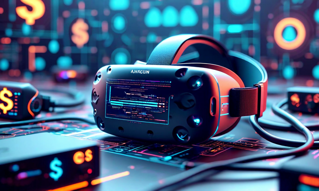 VRハードウェアの構造的課題を表現した画像。高価なVRヘッドセット、複雑に絡み合ったケーブルとセットアップ機器、限定的なユースケースを示すアイコン（ゲーム、トレーニング、ニッチなアプリケーション）、そして高い投資と限定的な実用性のギャップを視覚化した要素で構成されている。