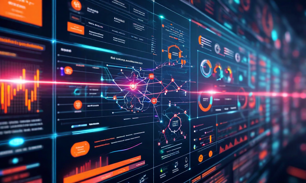 マルチエージェント AI システムの運用監視を示す統合ダッシュボード。複数のAIエージェントが相互接続されたノードとして表示され、各エージェントから意思決定ツリーが分岐している。検証チェックポイントはチェックマーク付きのゲートで表現され、異常検知アラートは対比的な色でハイライトされている。監査証跡がシステム全体を流れ、透明性と説明責任のメカニズムが視覚化されている。