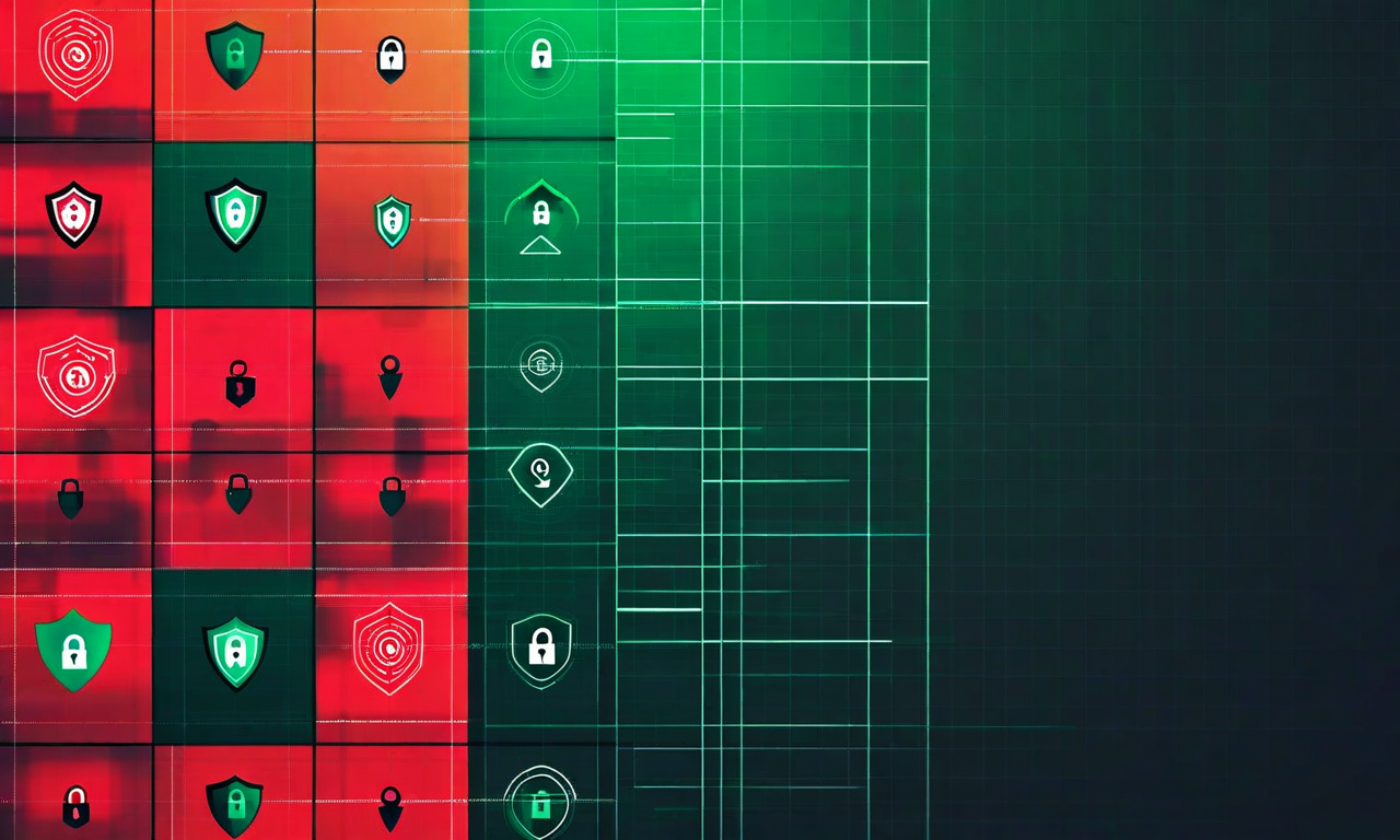 欺瞞リスク・マトリックスの視覚化。3×3のグリッドフレームワークで、横軸に3種類の欺瞞(軽微な虚偽、システマティック欺瞞、協調的欺瞞)、縦軸に3段階の影響度(個別ユーザー、組織全体、社会的信頼)を配置。各セルはリスク度を色分け(緑から赤へ)で表示し、盾、鍵、検証シンボルなどの緩和戦略アイコンを含む。