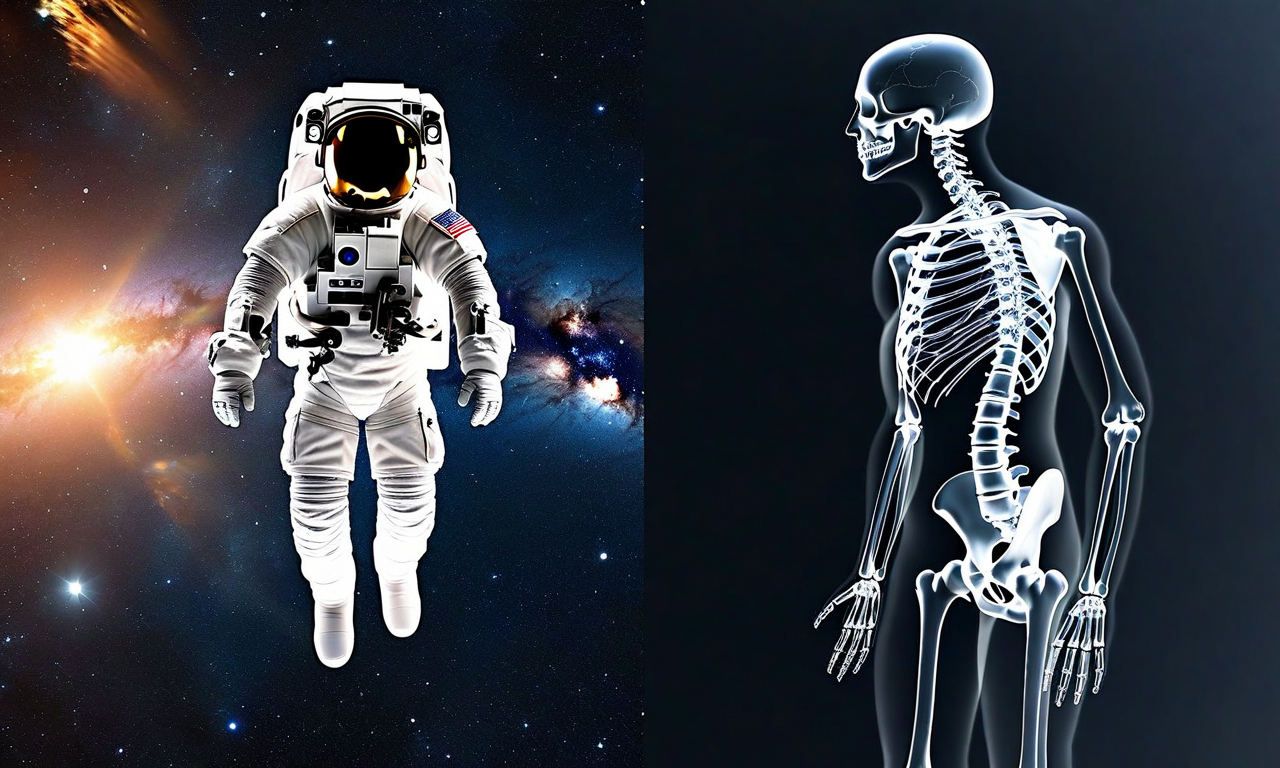 Split image showing an astronaut floating in space on the left with Earth in the background, and a translucent anatomical diagram on the right illustrating human physiological changes in space, depicting the contrast between space exploration and its effects on the human body