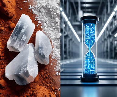 Split composition showing raw lithium minerals on the left transitioning to modern electric vehicle batteries on the right, connected by a timeline visualization, representing the critical supply-demand dynamics of the lithium market leading to 2026