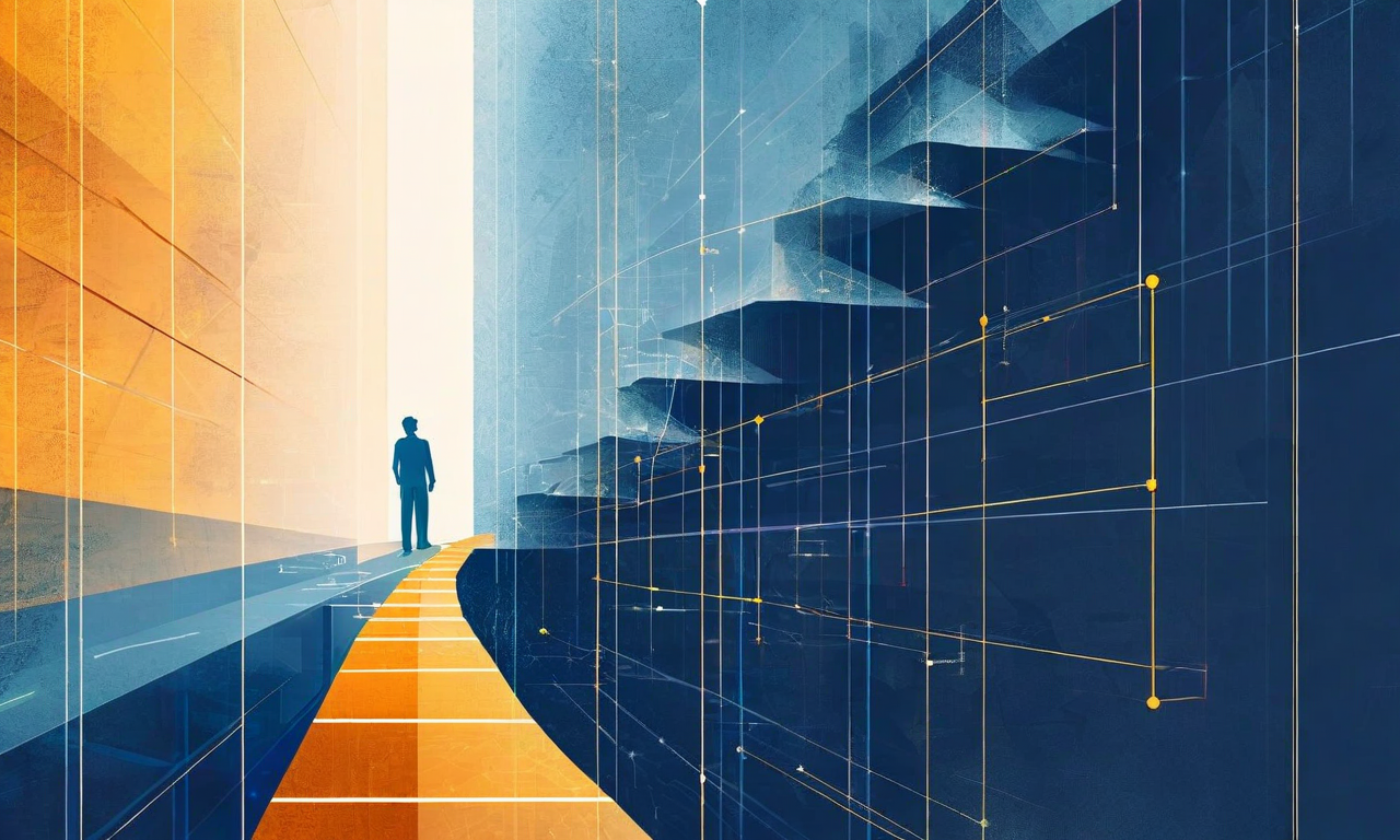 シニアエンジニアの意思決定フレームワークを表現した抽象的なイラスト。段階的に上昇する層が組織の成熟度向上を示し、隠れた問題が表面化する様子が光として表現されている。相互に接続されたノードと経路が組織学習を象徴し、時間とともに強化される橋や成長する根が長期的な信頼構築を表現している。深い青、銀色、温かみのある金色のカラーパレットがプロフェッショナリズムと長期的ビジョンを伝えている。