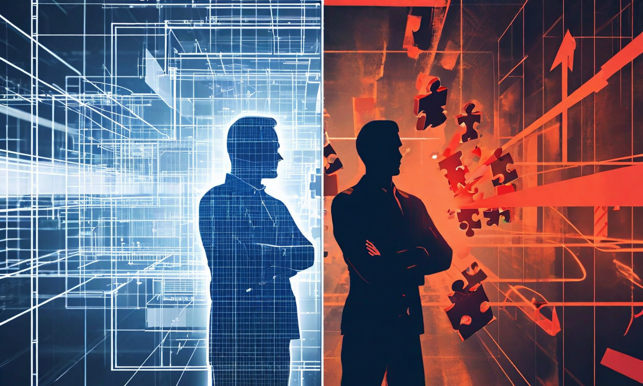 Split illustration showing a technical blueprint structure on the left in blue contrasted with organizational chaos represented by tangled red tape and misaligned elements on the right, with a silhouette of a senior engineer observing the divide between technical and organizational problems