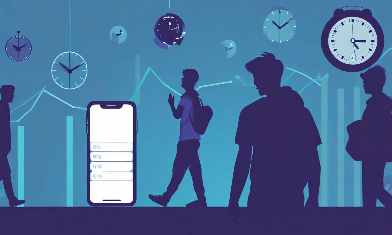 新規ユーザーが空のフィードを見つめてスマートフォンを持っている様子を示すデジタルイラスト。背景には時間経過を示す時計アイコン、ユーザー流出を表す薄れていくシルエット、下降トレンドのグラフが表示されている。フラストレーションと空虚感を表現するため、クールな青とグレーの色調が使用されている。