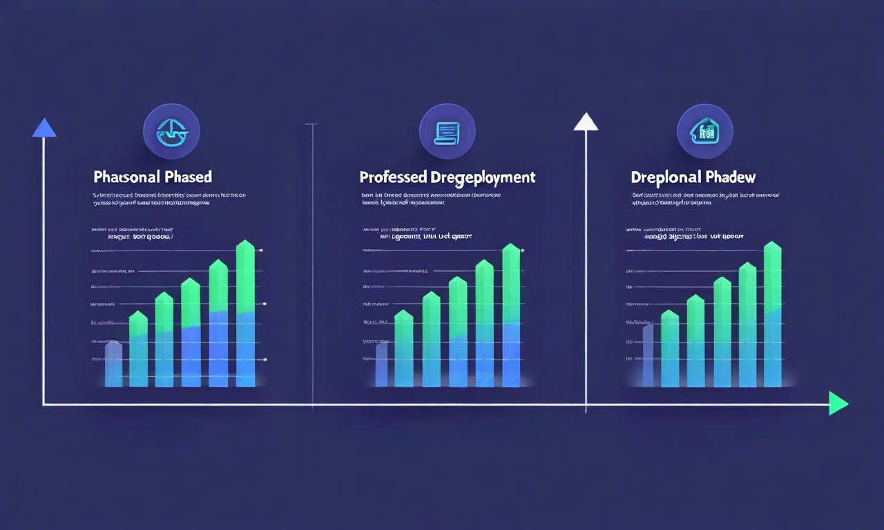 段階的ロールアウト計画の3フェーズを示す可視化。フェーズ1（ベータテスト）では少数のユーザーと基本機能、フェーズ2（限定展開）では中程度のユーザー増加と機能拡張、フェーズ3（全体展開）では大規模ユーザーベースと完全な機能セットを表現。各フェーズ間を上昇する矢印で接続し、ユーザー数の増加、機能モジュールの拡張、学習ポイントの蓄積を視覚的に表現。