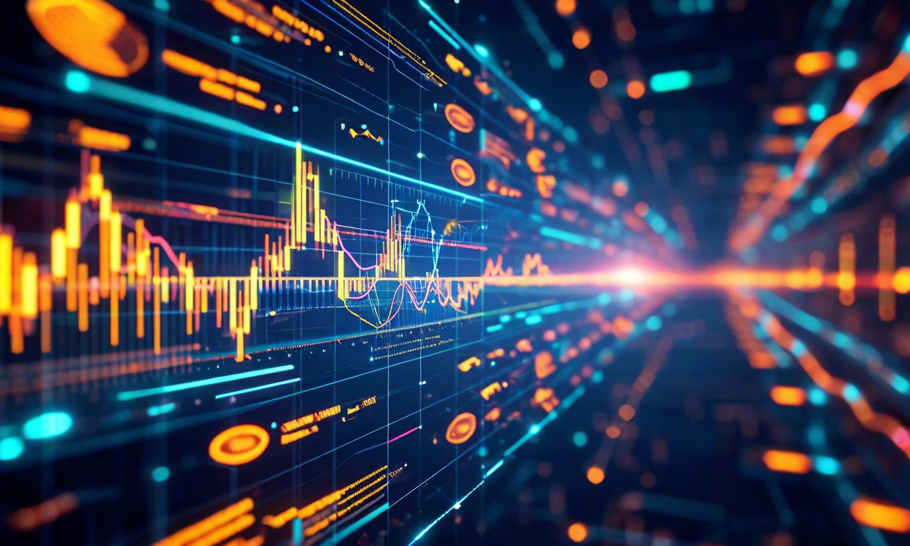 NEPSE指数予測のための機械学習フレームワークの概念図。左側に金融市場データとローソク足チャート、中央に機械学習モデルのニューラルネットワークノード、右側に予測結果が表示されている。複数のデータフローが発光するパスウェイを通じて相互に接続され、ネパール市場の特性を反映した未来的なビジュアルデザイン。