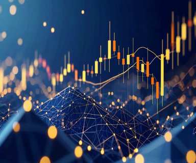 A modern financial technology visualization featuring stock market charts with candlesticks and trend lines, overlaid with machine learning network nodes and mathematical elements, set against a blue gradient background with Nepal's mountain silhouette, representing algorithmic forecasting of stock market returns