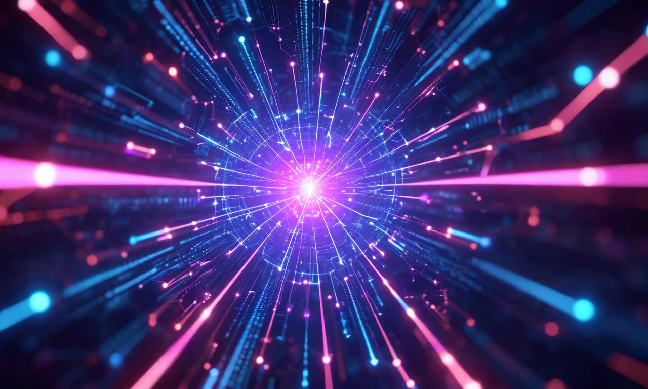 GOAT導入による組織的な変化を表現した未来的なビジュアル。中央のハブから3つの主要領域へ光の経路が分岐している。効率的な訓練は加速する矢印と合理化されたプロセスで、タスク固有の最適化は焦点を絞った光のビームを持つ専門モジュールで、スケーラビリティは指数関数的に拡大する幾何学的構造で表現されている。グラデーション青紫色の配色で、相互接続されたノード、改善されたデータフロー、上昇する軌跡が組織の成長を象徴している。