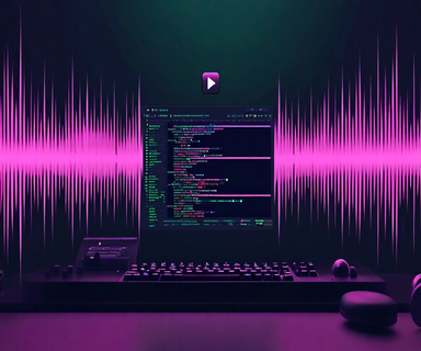 Split-screen illustration showing a minimalist text editor interface with audio waveforms flowing from it, alongside a YouTube icon transforming into sound waves, representing audio-focused productivity workflow